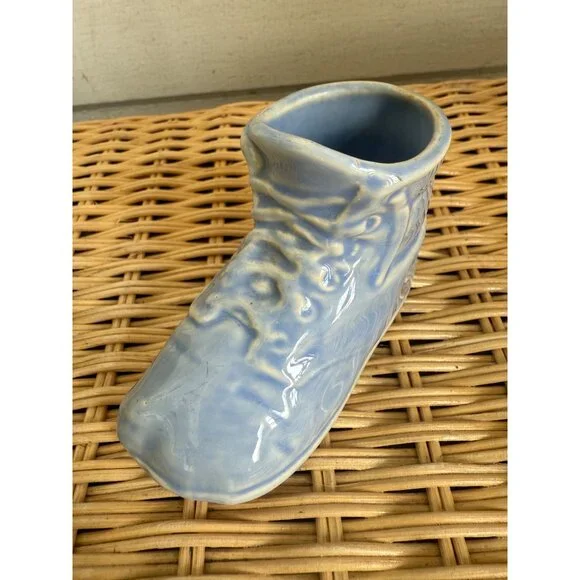 Vintage 50's Blue Shoe Pair Planter Vases Hand Painted Roses - Picture 3 of 13